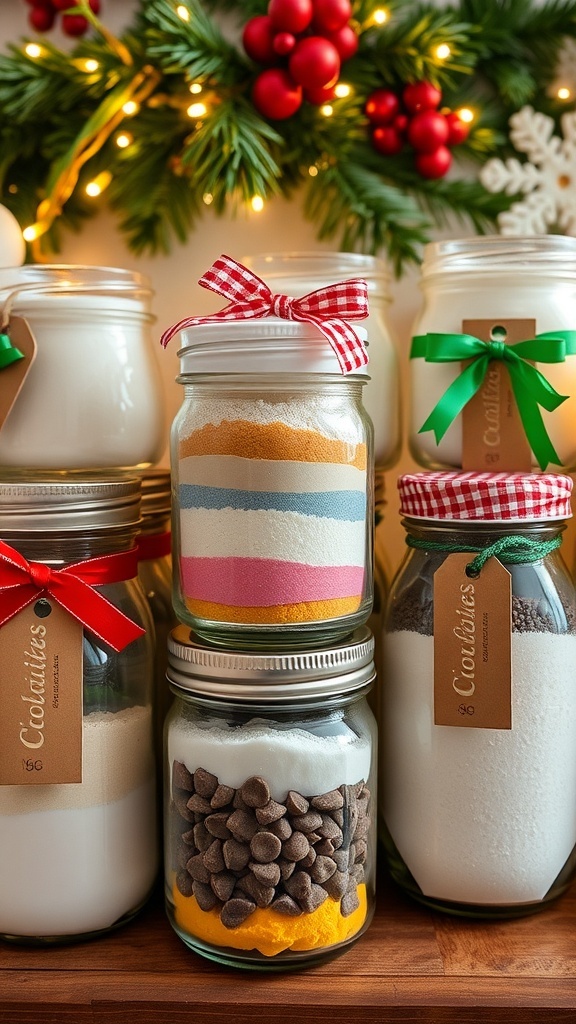 Colorful baking jars filled with ingredients for holiday treats, decorated with ribbons, on a festive background.
